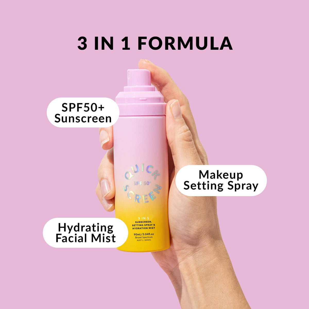 SPF50+ 3 in 1 Sunscreen, Setting Spray & Hydration Mist - Quick Screen - Quick Flick UK