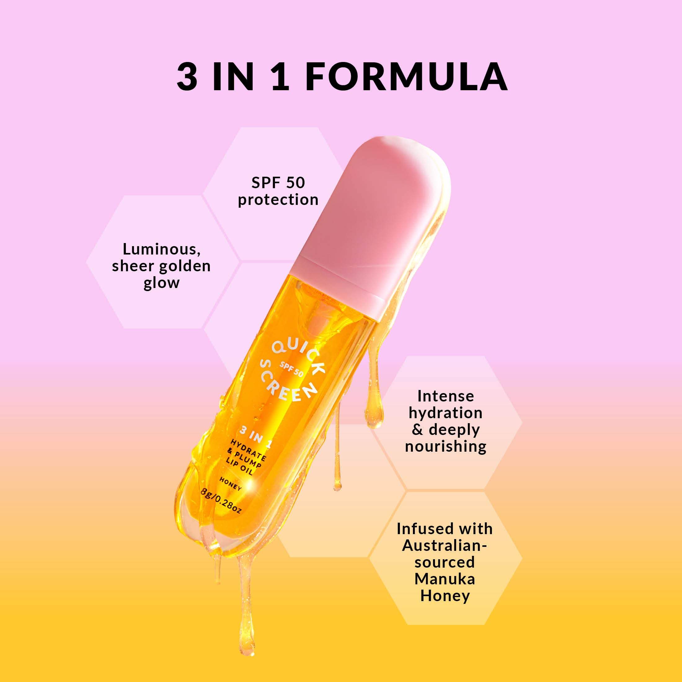 SPF50 3 in 1 Hydrate & Plump Honey Lip Oil - Quick Screen - Quick Flick UK